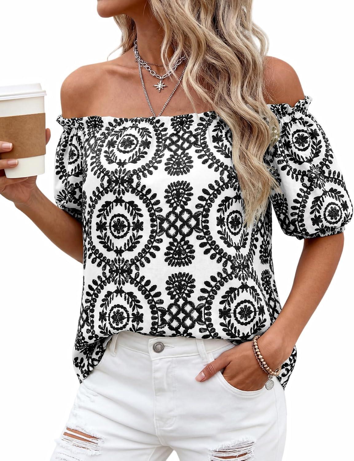 imageBTFBM Off The Shoulder Spring Tops for Women Summer Blouses Boho Floral Short Sleeve Shirts Dressy Casual Outfits 2026Floral White Black