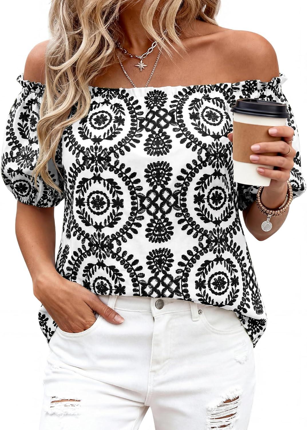imageBTFBM Off The Shoulder Spring Tops for Women Summer Blouses Boho Floral Short Sleeve Shirts Dressy Casual Outfits 2026Floral White Black