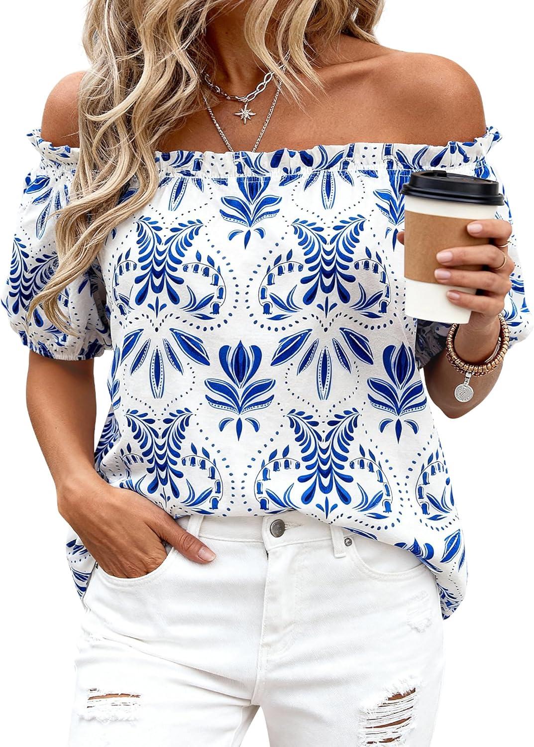 imageBTFBM Off The Shoulder Spring Tops for Women Summer Blouses Boho Floral Short Sleeve Shirts Dressy Casual Outfits 2026Floral White Blue