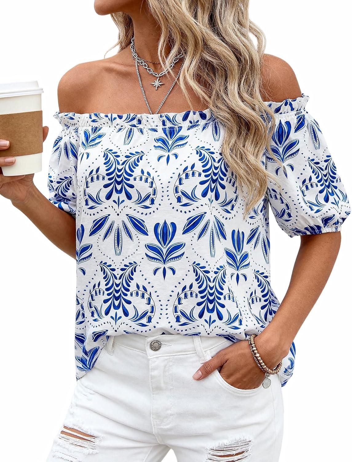 imageBTFBM Off The Shoulder Spring Tops for Women Summer Blouses Boho Floral Short Sleeve Shirts Dressy Casual Outfits 2026Floral White Blue