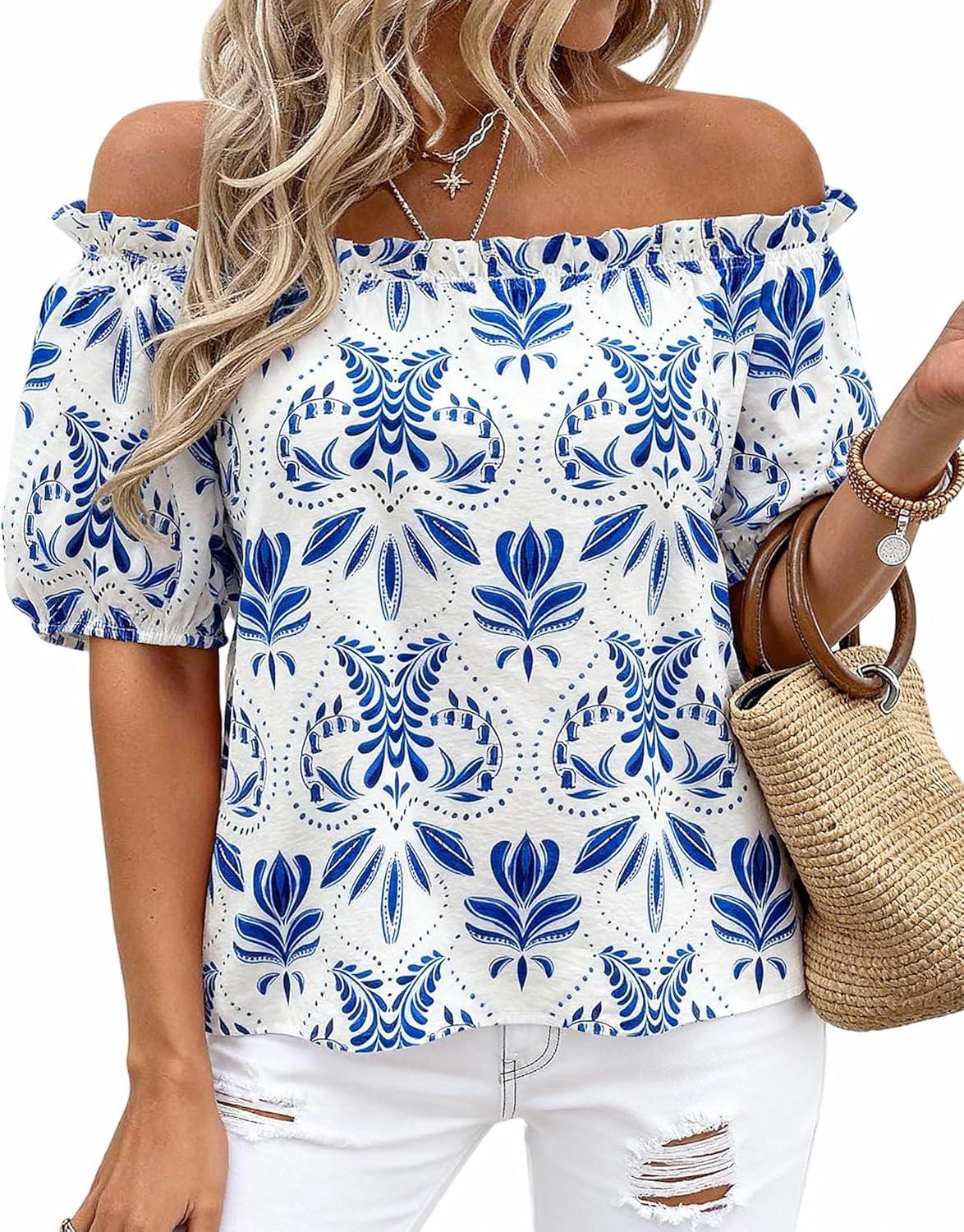 imageBTFBM Off The Shoulder Spring Tops for Women Summer Blouses Boho Floral Short Sleeve Shirts Dressy Casual Outfits 2026Floral White Blue