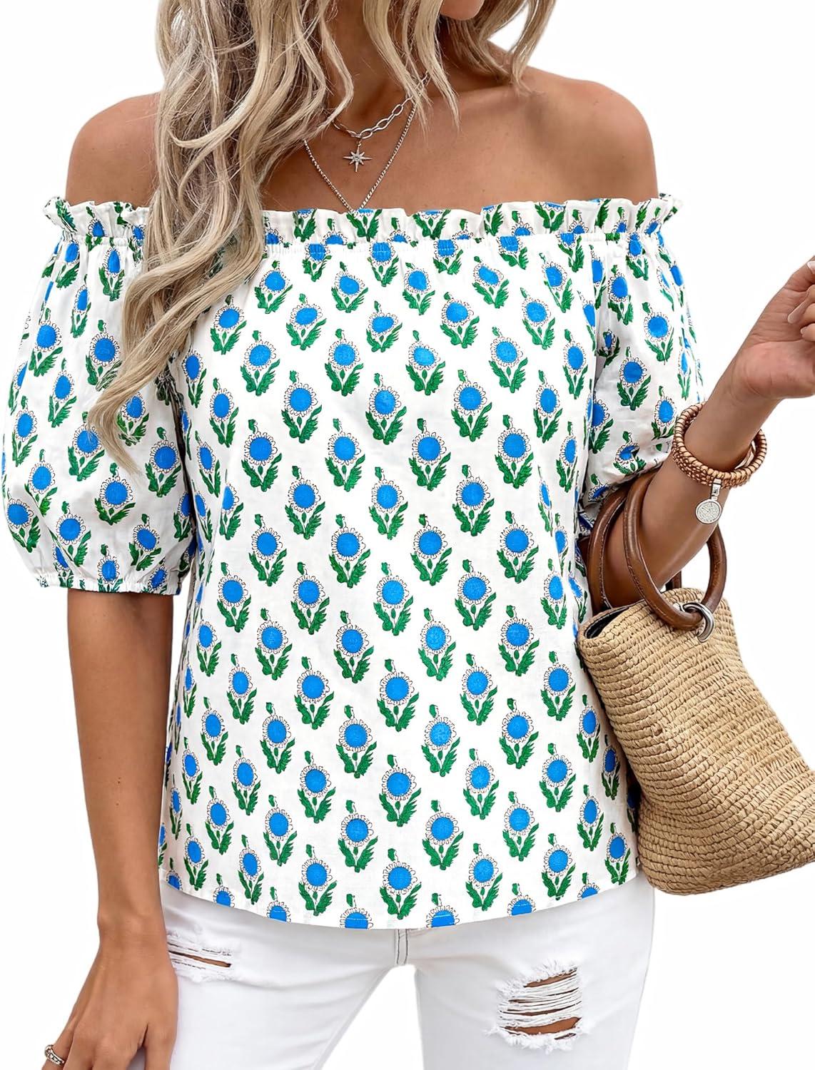 imageBTFBM Off The Shoulder Spring Tops for Women Summer Blouses Boho Floral Short Sleeve Shirts Dressy Casual Outfits 2026Floral White Blue Green