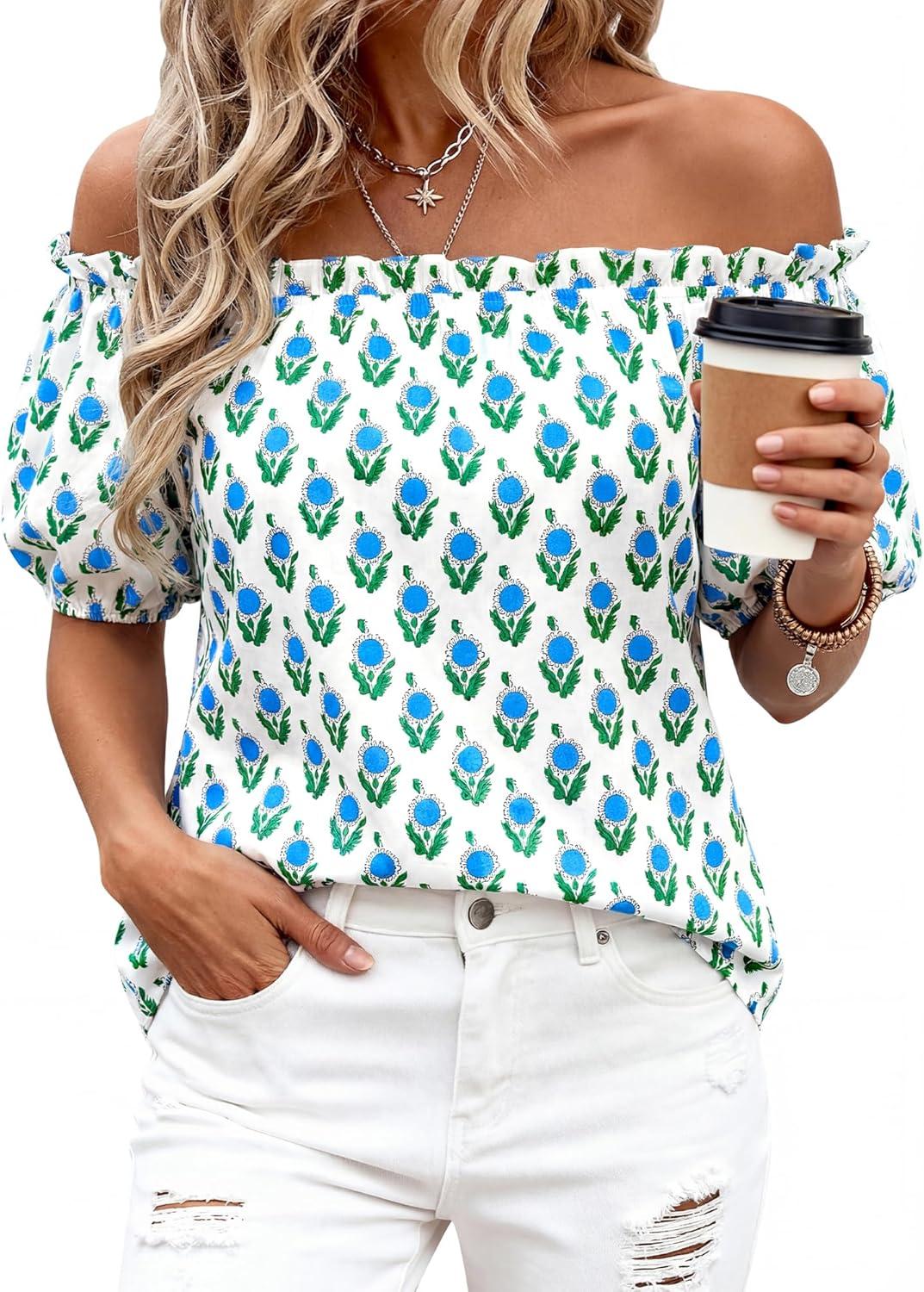 imageBTFBM Off The Shoulder Spring Tops for Women Summer Blouses Boho Floral Short Sleeve Shirts Dressy Casual Outfits 2026Floral White Blue Green