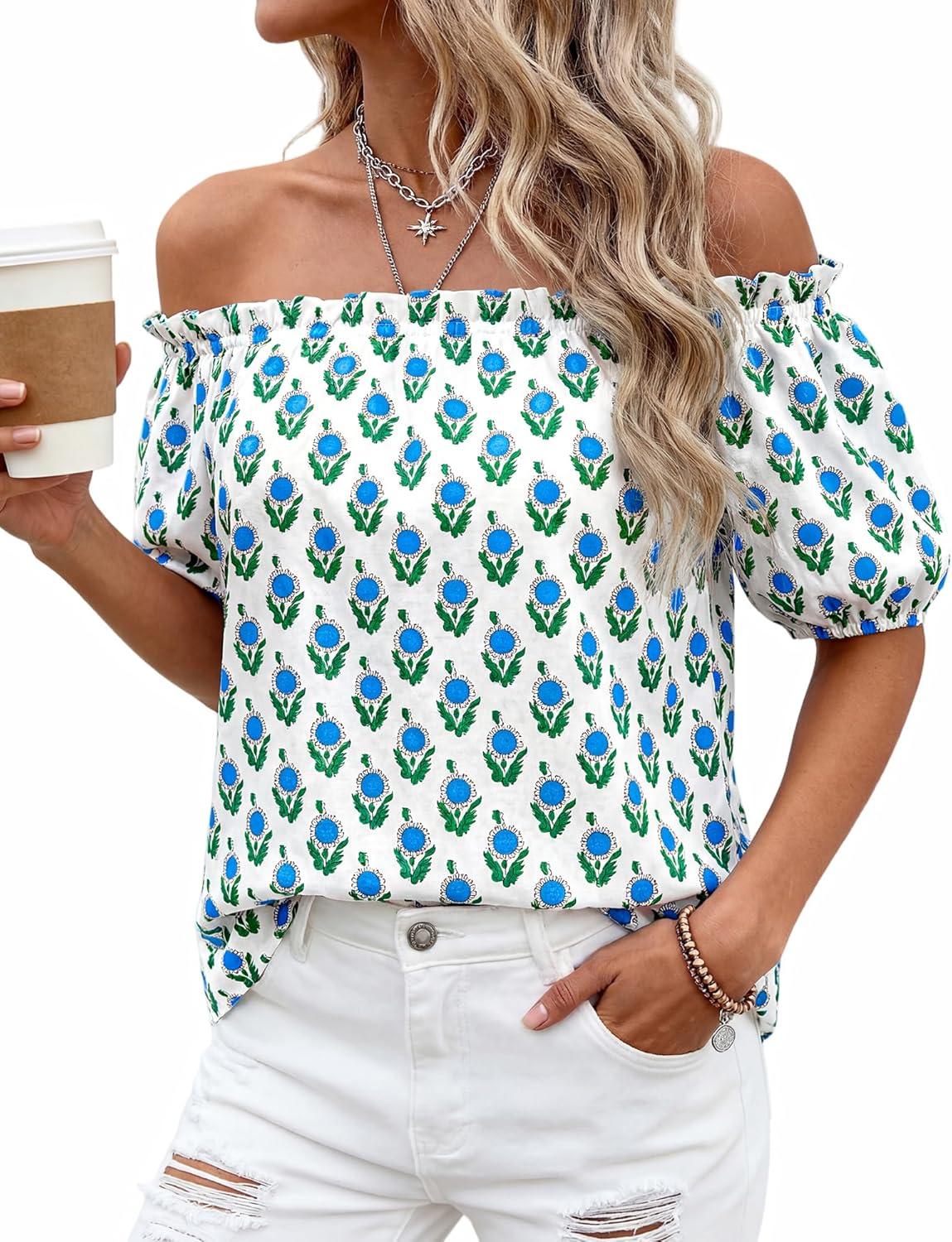 imageBTFBM Off The Shoulder Spring Tops for Women Summer Blouses Boho Floral Short Sleeve Shirts Dressy Casual Outfits 2026Floral White Blue Green
