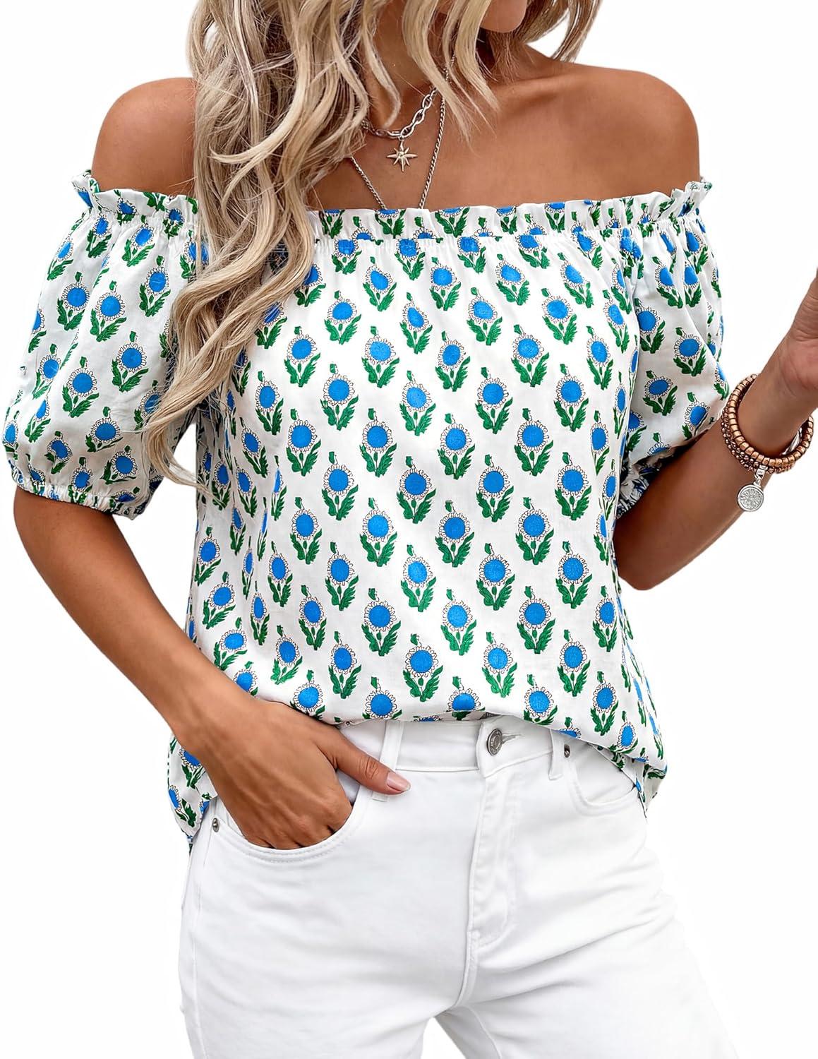 imageBTFBM Off The Shoulder Spring Tops for Women Summer Blouses Boho Floral Short Sleeve Shirts Dressy Casual Outfits 2026Floral White Blue Green
