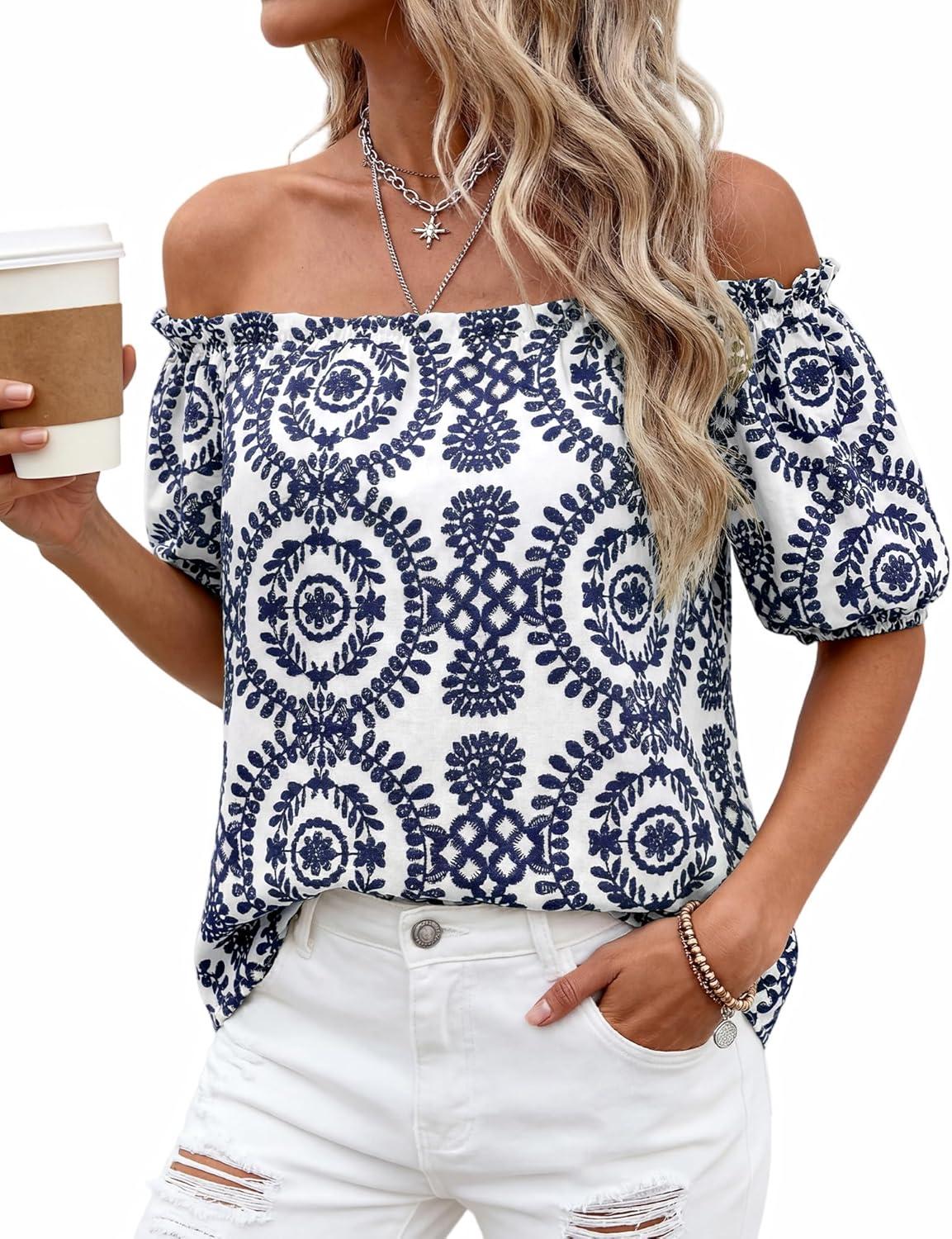 imageBTFBM Off The Shoulder Spring Tops for Women Summer Blouses Boho Floral Short Sleeve Shirts Dressy Casual Outfits 2026Floral White Navy