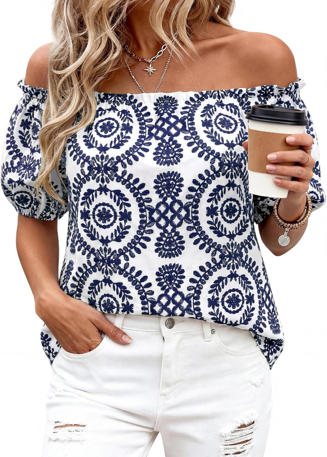imageBTFBM Off The Shoulder Spring Tops for Women Summer Blouses Boho Floral Short Sleeve Shirts Dressy Casual Outfits 2026Floral White Navy