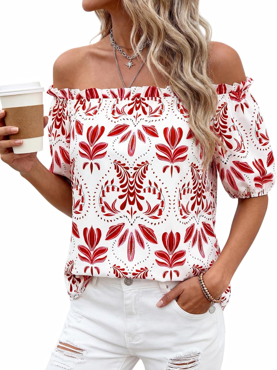 imageBTFBM Off The Shoulder Spring Tops for Women Summer Blouses Boho Floral Short Sleeve Shirts Dressy Casual Outfits 2026Floral White Red