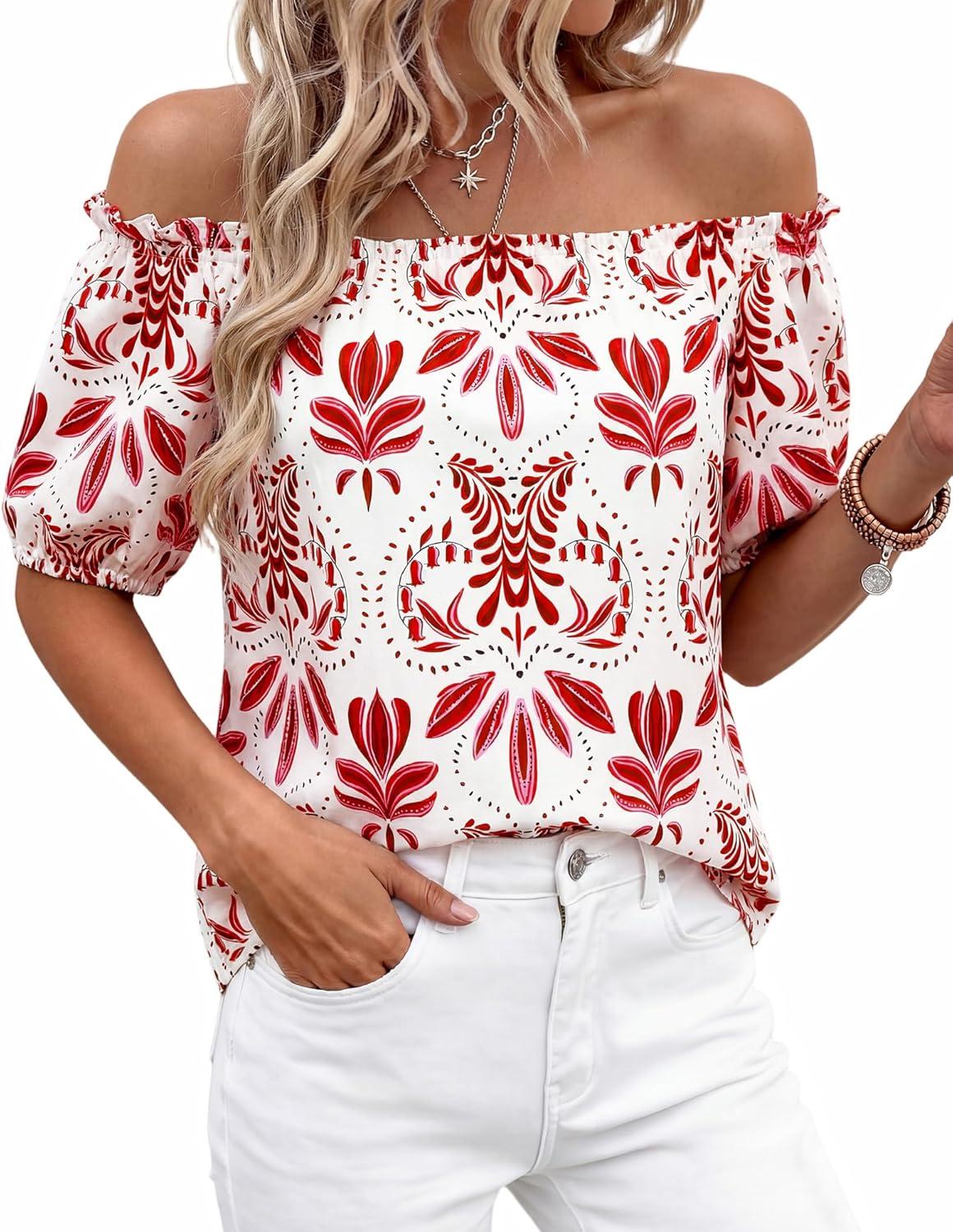 imageBTFBM Off The Shoulder Spring Tops for Women Summer Blouses Boho Floral Short Sleeve Shirts Dressy Casual Outfits 2026Floral White Red
