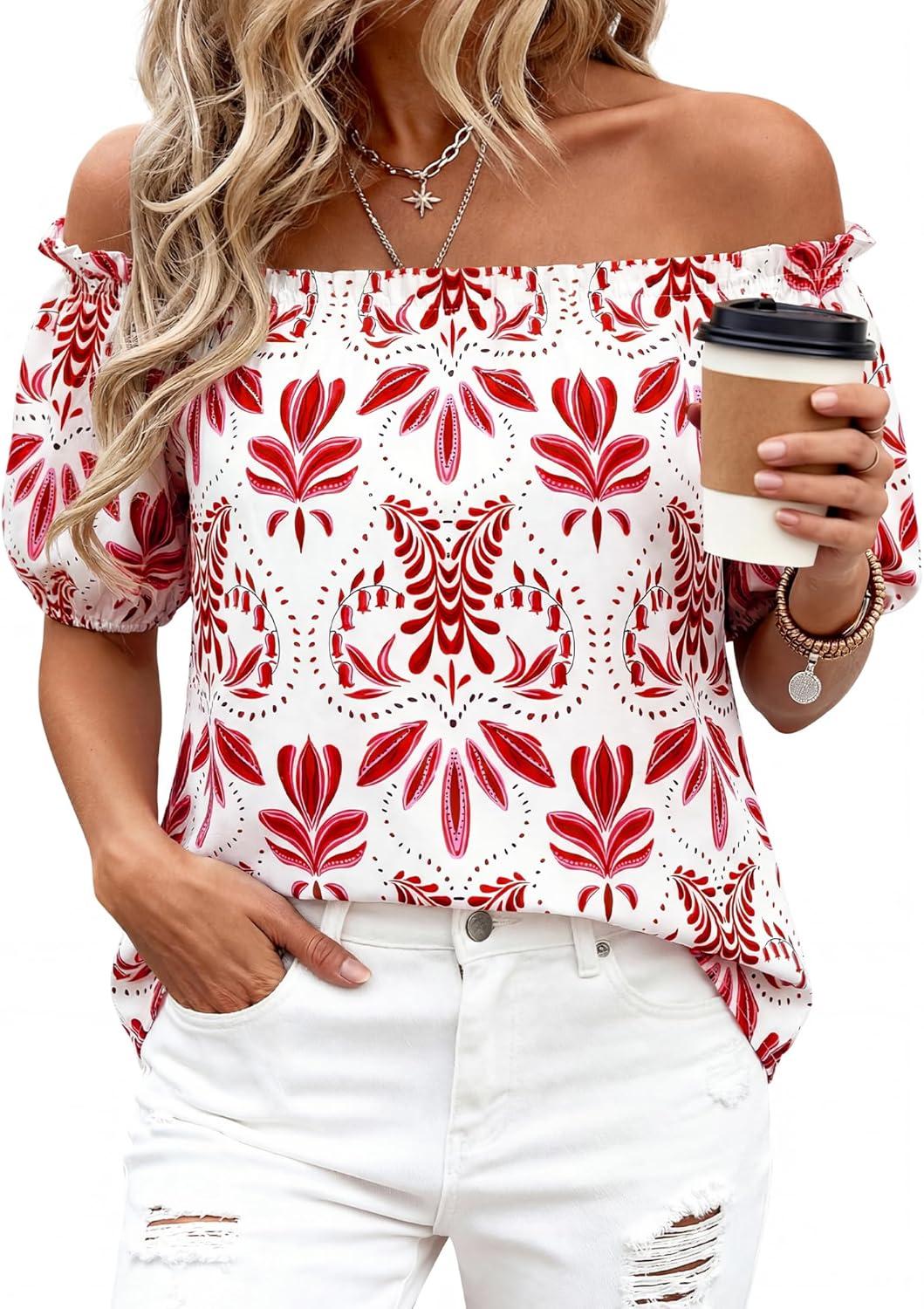 imageBTFBM Off The Shoulder Spring Tops for Women Summer Blouses Boho Floral Short Sleeve Shirts Dressy Casual Outfits 2026Floral White Red