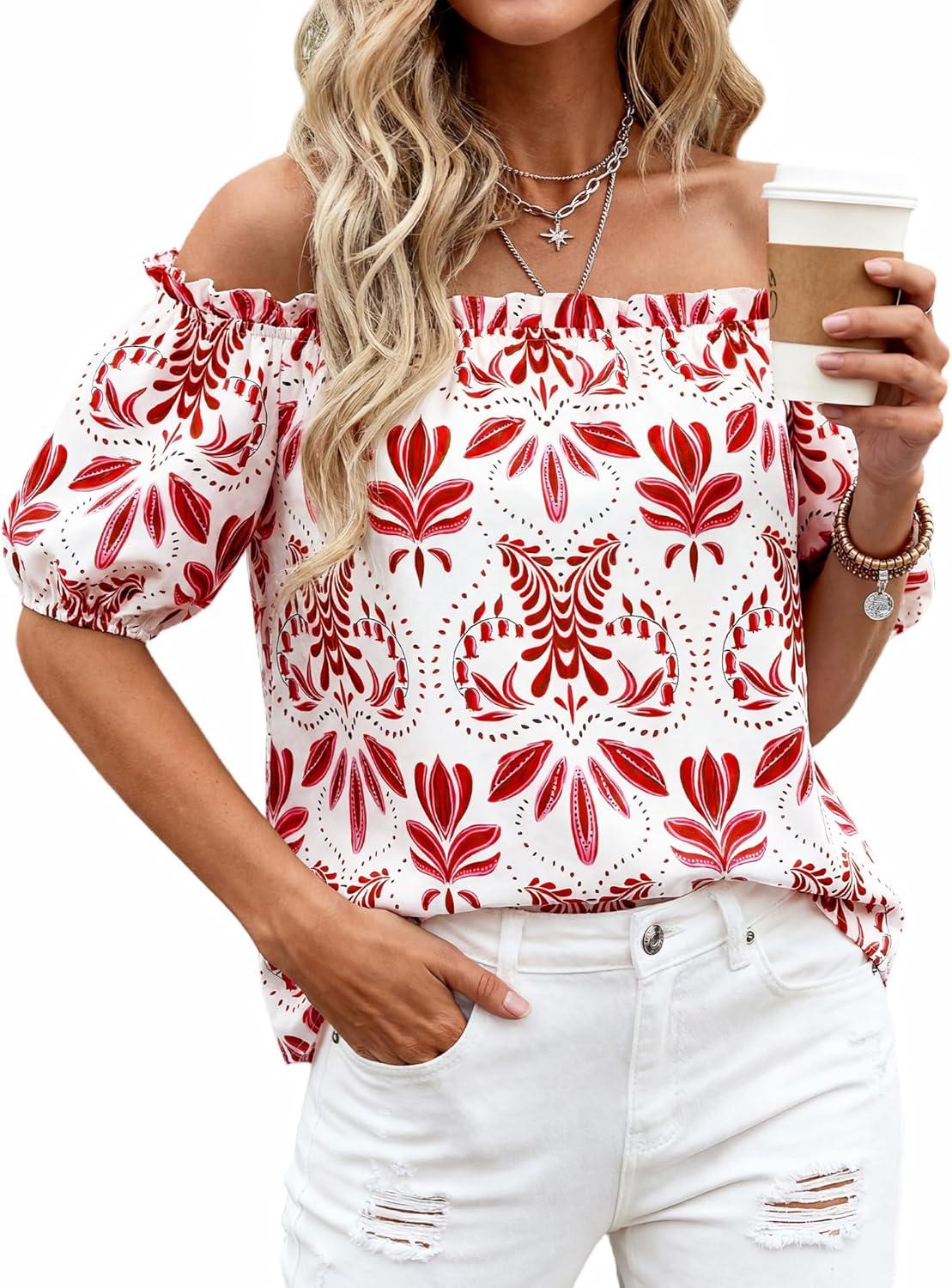 imageBTFBM Off The Shoulder Spring Tops for Women Summer Blouses Boho Floral Short Sleeve Shirts Dressy Casual Outfits 2026Floral White Red