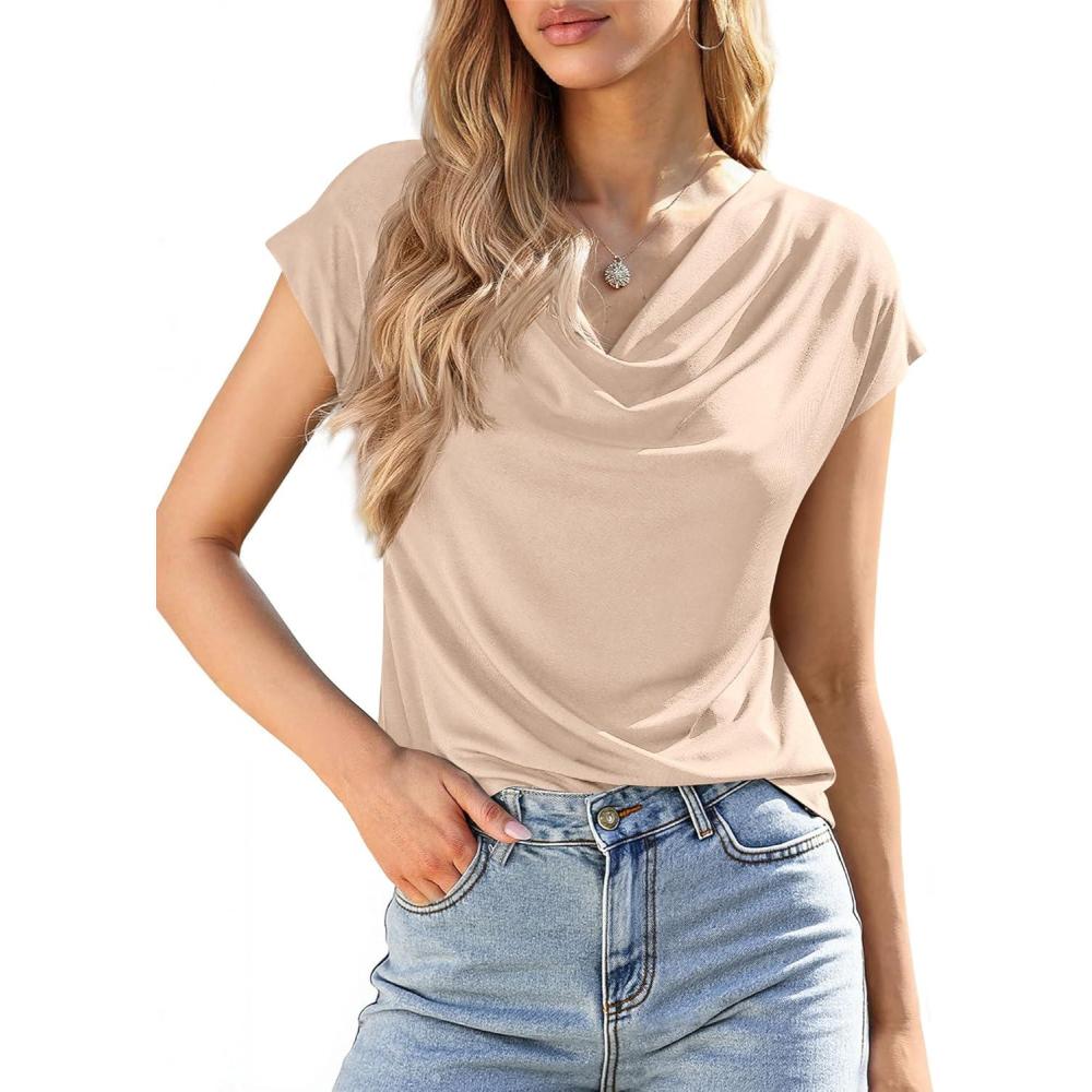 imageBTFBM Blouses for Women Dressy Casual Spring Summer Tops 2026 Cowl Neck Short Sleeve Shirts Work Office Business OutfitsApricot