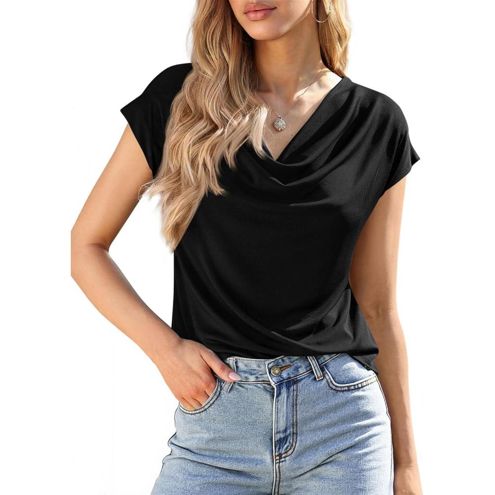 imageBTFBM Blouses for Women Dressy Casual Spring Summer Tops 2026 Cowl Neck Short Sleeve Shirts Work Office Business OutfitsBlack