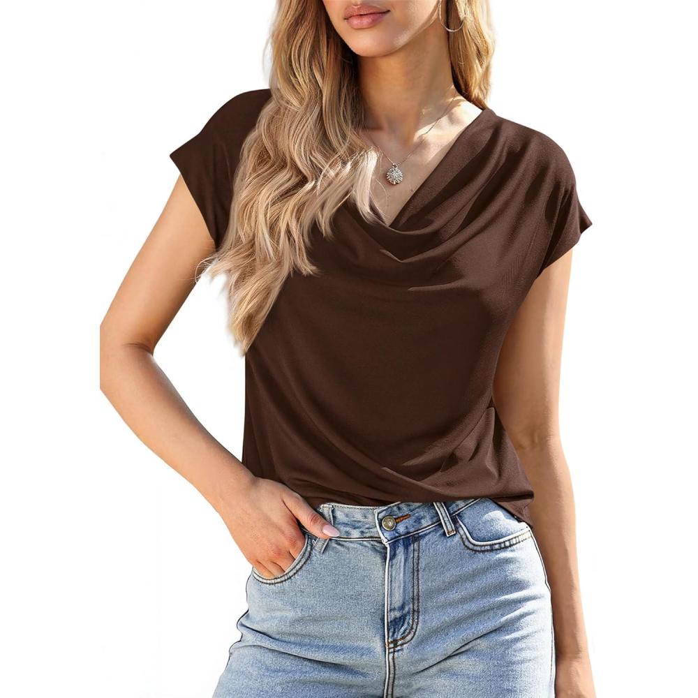 imageBTFBM Blouses for Women Dressy Casual Spring Summer Tops 2026 Cowl Neck Short Sleeve Shirts Work Office Business OutfitsBrown