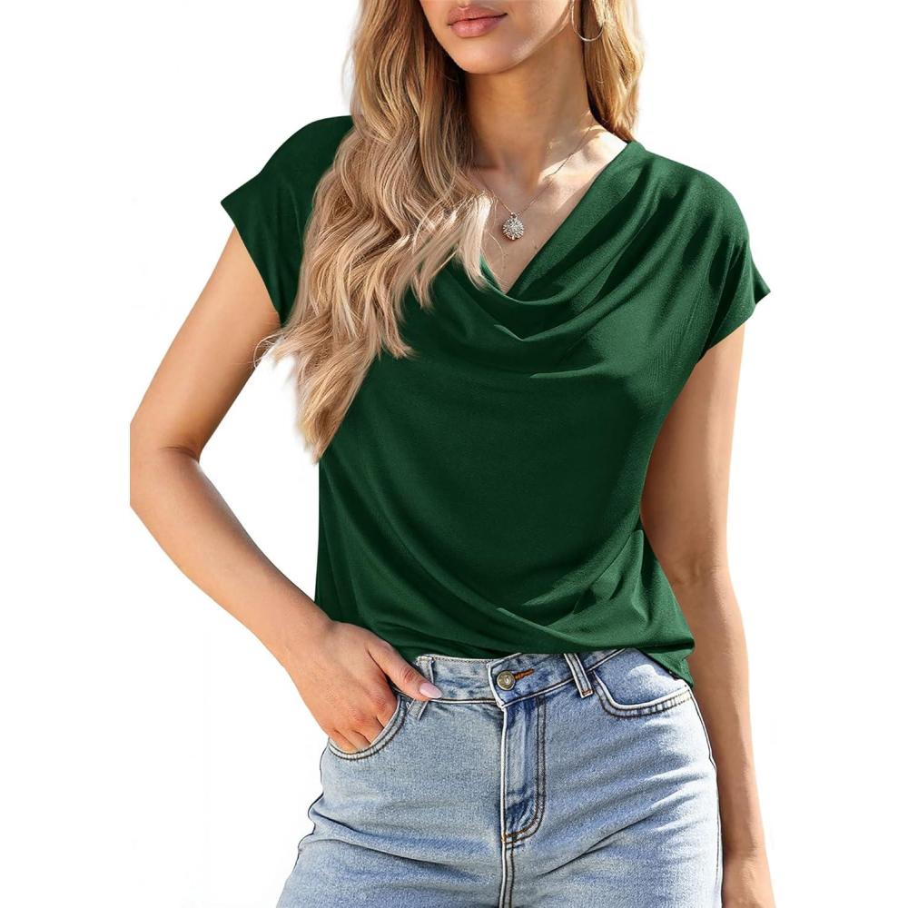 imageBTFBM Blouses for Women Dressy Casual Spring Summer Tops 2026 Cowl Neck Short Sleeve Shirts Work Office Business OutfitsGreen