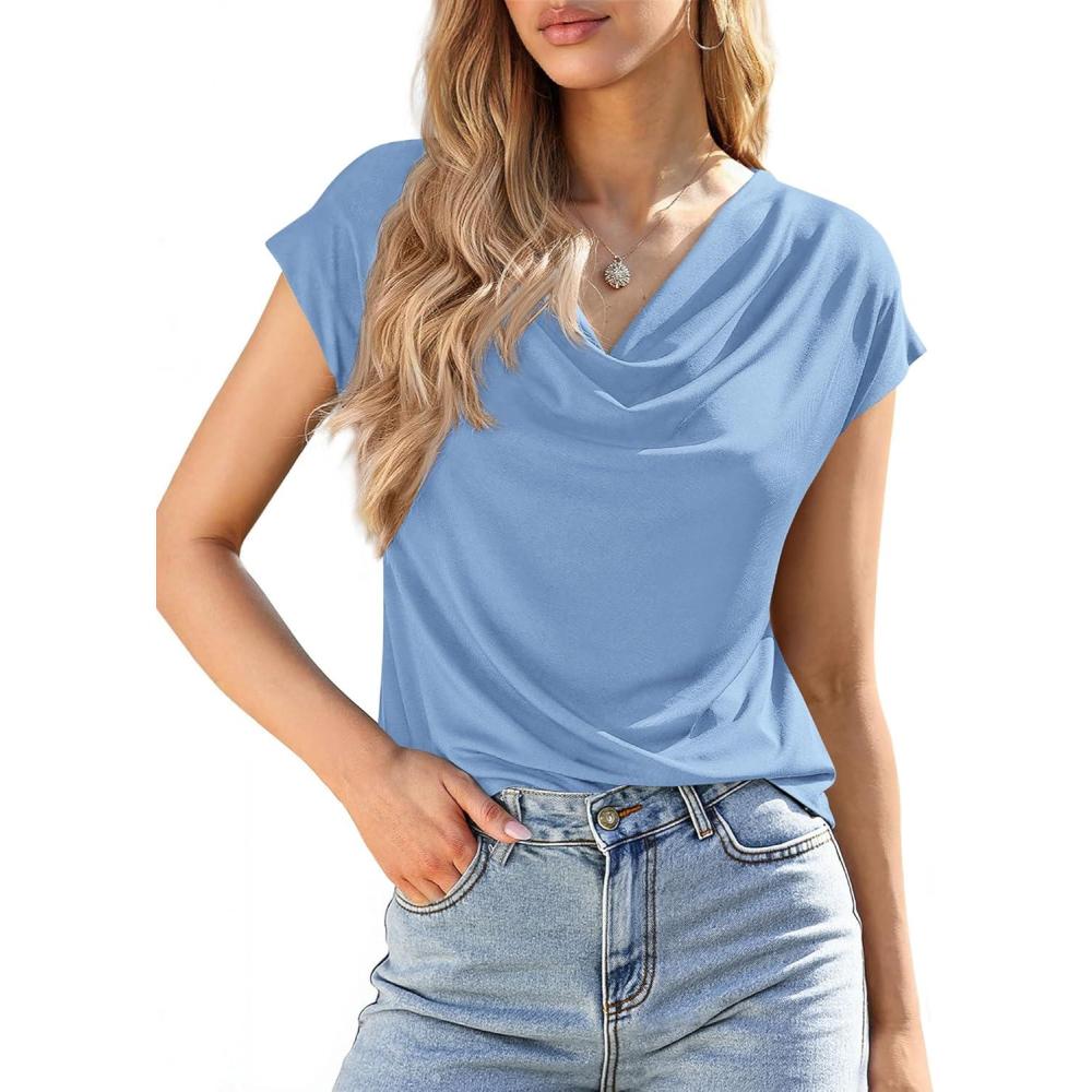 imageBTFBM Blouses for Women Dressy Casual Spring Summer Tops 2026 Cowl Neck Short Sleeve Shirts Work Office Business OutfitsLight Blue
