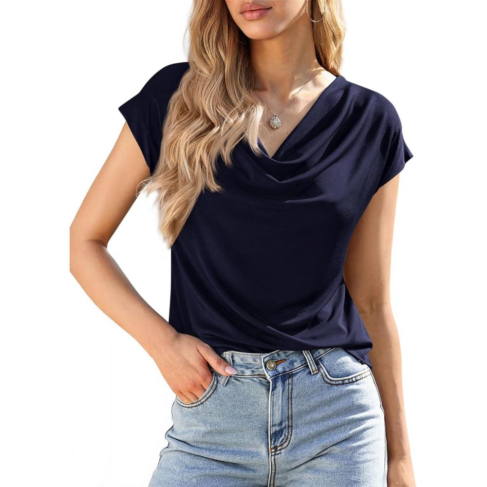 imageBTFBM Blouses for Women Dressy Casual Spring Summer Tops 2026 Cowl Neck Short Sleeve Shirts Work Office Business OutfitsNavy Blue