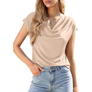 BTFBM Blouses for Women Dressy Casual Spring Summer Tops 2026 Cowl Neck Short Sleeve Shirts Work Office Business Outfits(Apricot)