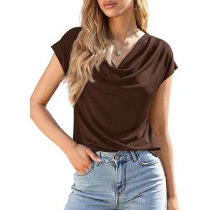 BTFBM Blouses for Women Dressy Casual Spring Summer Tops 2026 Cowl Neck Short Sleeve Shirts Work Office Business Outfits(Brown)