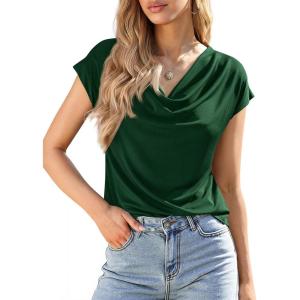 BTFBM Blouses for Women Dressy Casual Spring Summer Tops 2026 Cowl Neck Short Sleeve Shirts Work Office Business Outfits(Green)