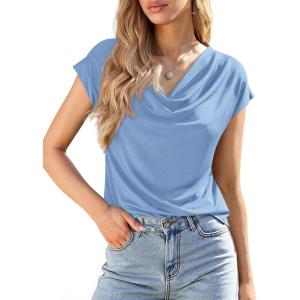 BTFBM Blouses for Women Dressy Casual Spring Summer Tops 2026 Cowl Neck Short Sleeve Shirts Work Office Business Outfits(Light Blue)