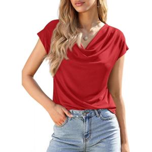 BTFBM Blouses for Women Dressy Casual Spring Summer Tops 2026 Cowl Neck Short Sleeve Shirts Work Office Business Outfits(Red)