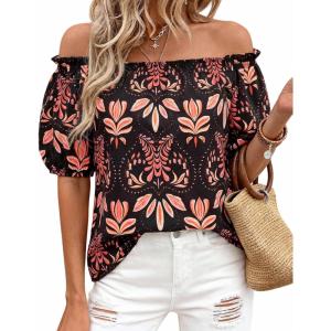 BTFBM Off The Shoulder Spring Tops for Women Summer Blouses Boho Floral Short Sleeve Shirts Dressy Casual Outfits 2026(Floral Black Orange)