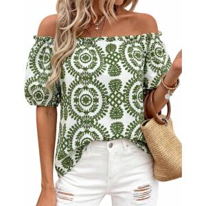 BTFBM Off The Shoulder Spring Tops for Women Summer Blouses Boho Floral Short Sleeve Shirts Dressy Casual Outfits 2026(Floral White Army Green)