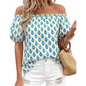 BTFBM Off The Shoulder Spring Tops for Women Summer Blouses Boho Floral Short Sleeve Shirts Dressy Casual Outfits 2026(Floral White Blue Green)