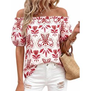 BTFBM Off The Shoulder Spring Tops for Women Summer Blouses Boho Floral Short Sleeve Shirts Dressy Casual Outfits 2026(Floral White Red)