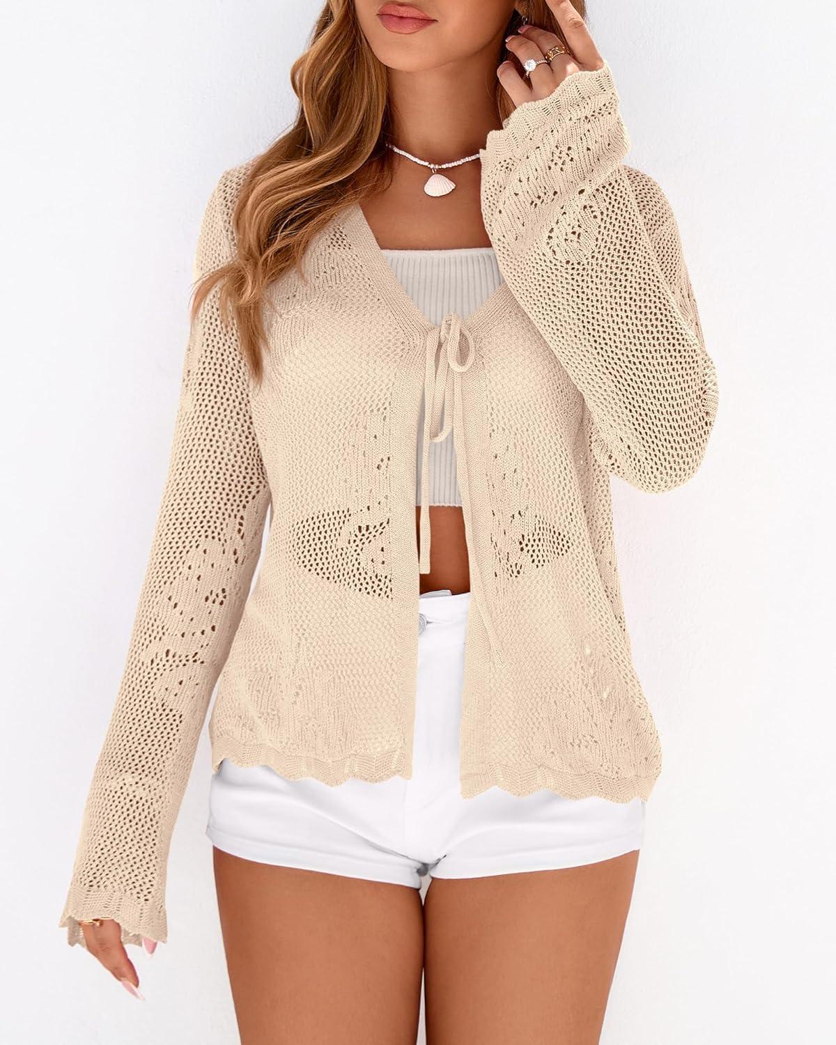 imageBTFBM Summer Cardigans for Women Lightweight 2026 Spring Crochet Mesh Long Sleeve Tie Front Knit Beach Vacation OutfitsApricot