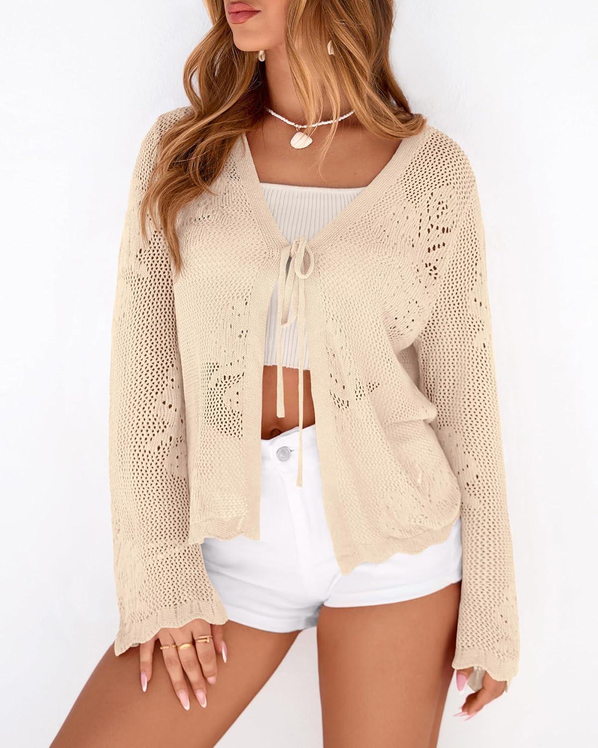 imageBTFBM Summer Cardigans for Women Lightweight 2026 Spring Crochet Mesh Long Sleeve Tie Front Knit Beach Vacation OutfitsApricot