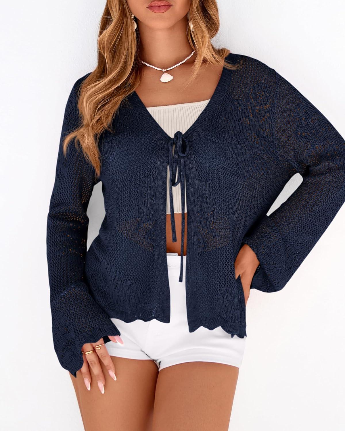 imageBTFBM Summer Cardigans for Women Lightweight 2026 Spring Crochet Mesh Long Sleeve Tie Front Knit Beach Vacation OutfitsNavy Blue
