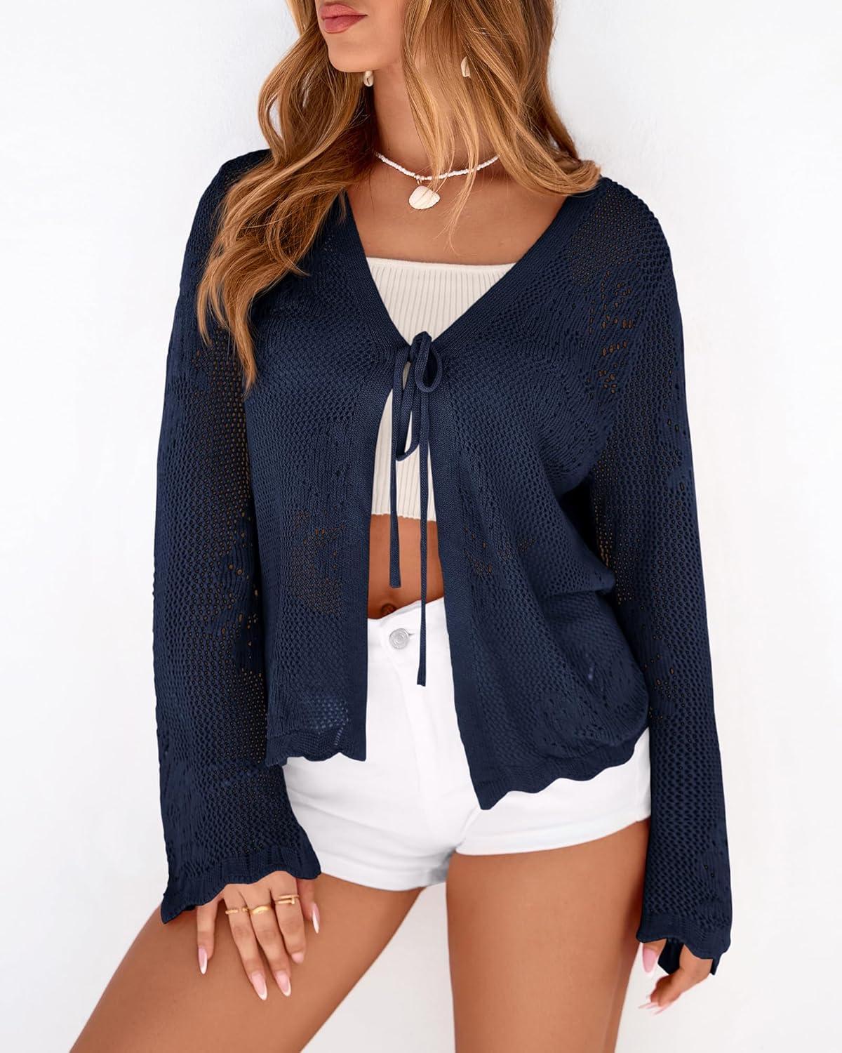 imageBTFBM Summer Cardigans for Women Lightweight 2026 Spring Crochet Mesh Long Sleeve Tie Front Knit Beach Vacation OutfitsNavy Blue