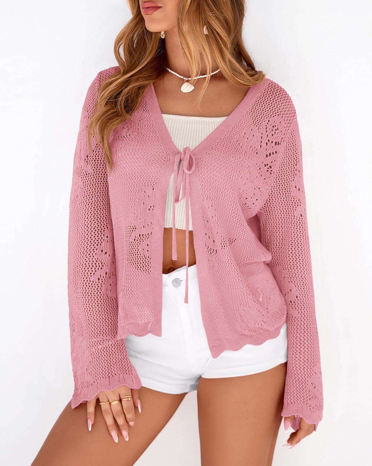 imageBTFBM Summer Cardigans for Women Lightweight 2026 Spring Crochet Mesh Long Sleeve Tie Front Knit Beach Vacation OutfitsPink