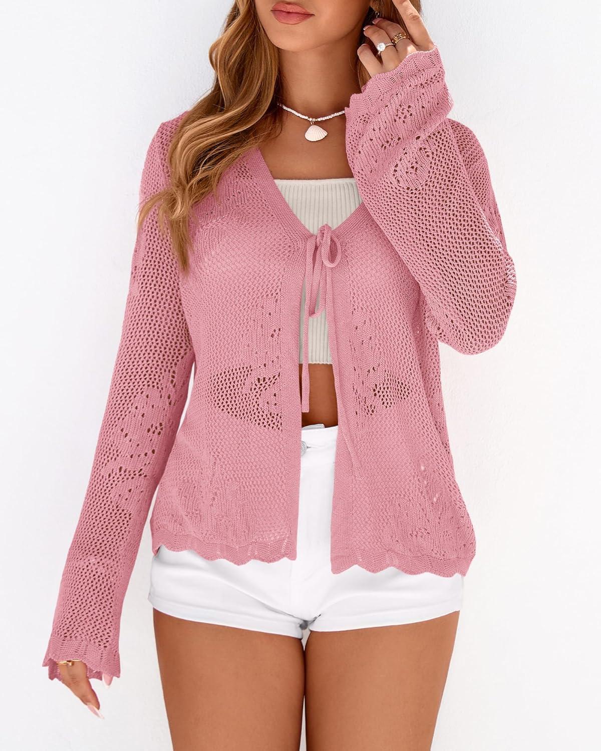 imageBTFBM Summer Cardigans for Women Lightweight 2026 Spring Crochet Mesh Long Sleeve Tie Front Knit Beach Vacation OutfitsPink