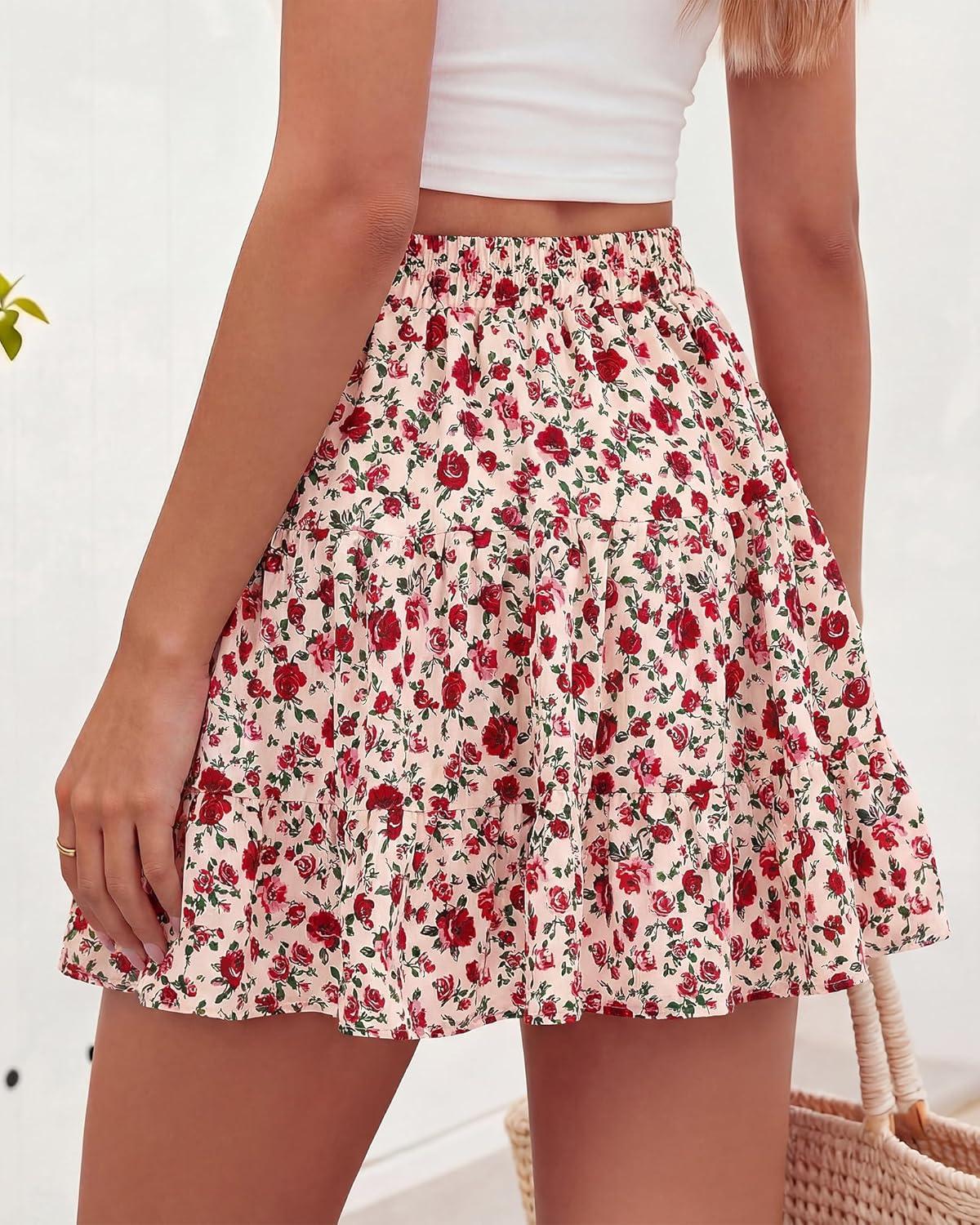 imageBTFBM Summer Skirts for Women 2026 Floral High Waist Shorts Underneath Boho Tiered Flowy Tennis Skorts Casual Mini SkirtFloral Apricot Red