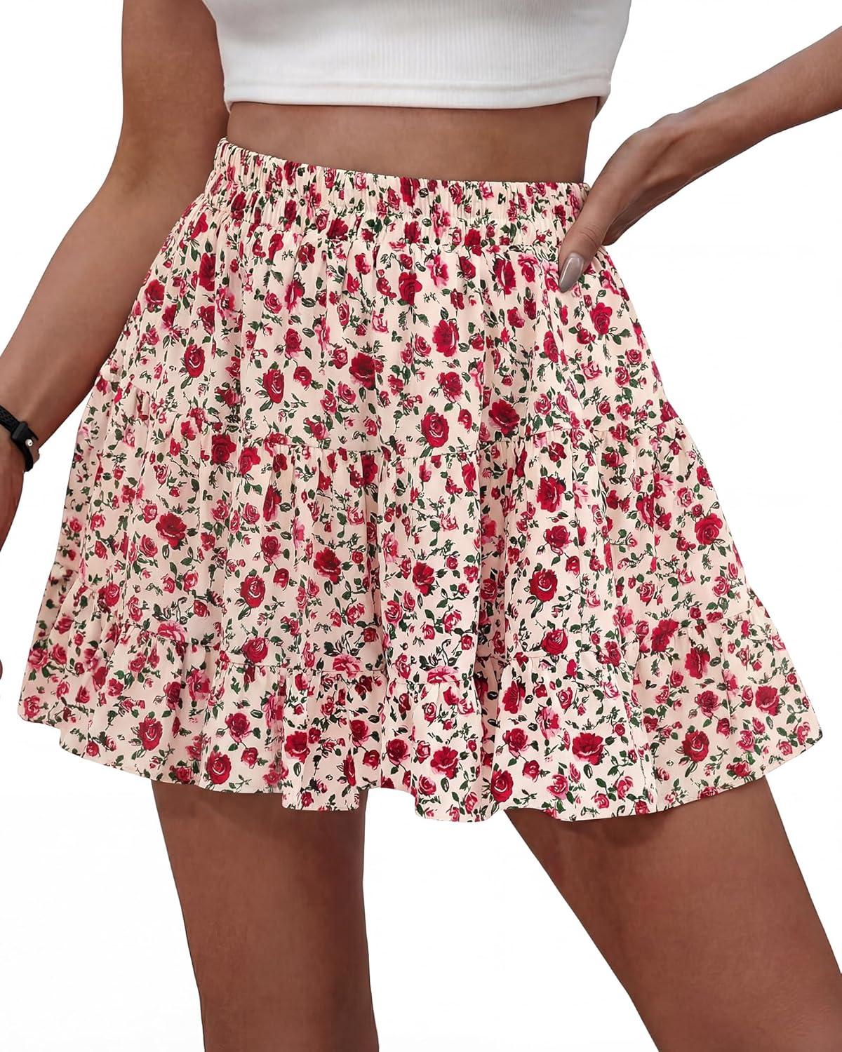 imageBTFBM Summer Skirts for Women 2026 Floral High Waist Shorts Underneath Boho Tiered Flowy Tennis Skorts Casual Mini SkirtFloral Apricot Red