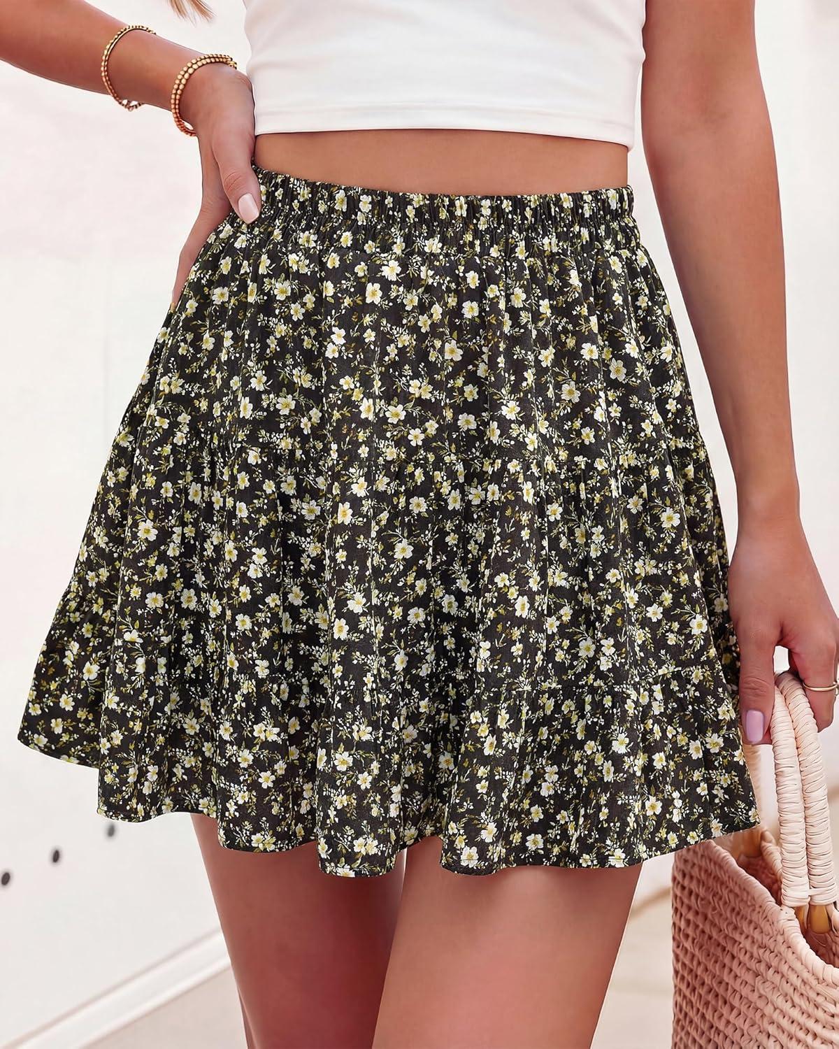 imageBTFBM Summer Skirts for Women 2026 Floral High Waist Shorts Underneath Boho Tiered Flowy Tennis Skorts Casual Mini SkirtFloral Black