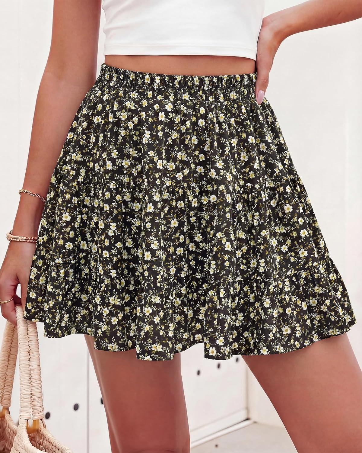 imageBTFBM Summer Skirts for Women 2026 Floral High Waist Shorts Underneath Boho Tiered Flowy Tennis Skorts Casual Mini SkirtFloral Black