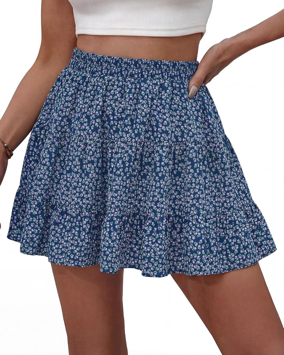 imageBTFBM Summer Skirts for Women 2026 Floral High Waist Shorts Underneath Boho Tiered Flowy Tennis Skorts Casual Mini SkirtFloral Blue Purple