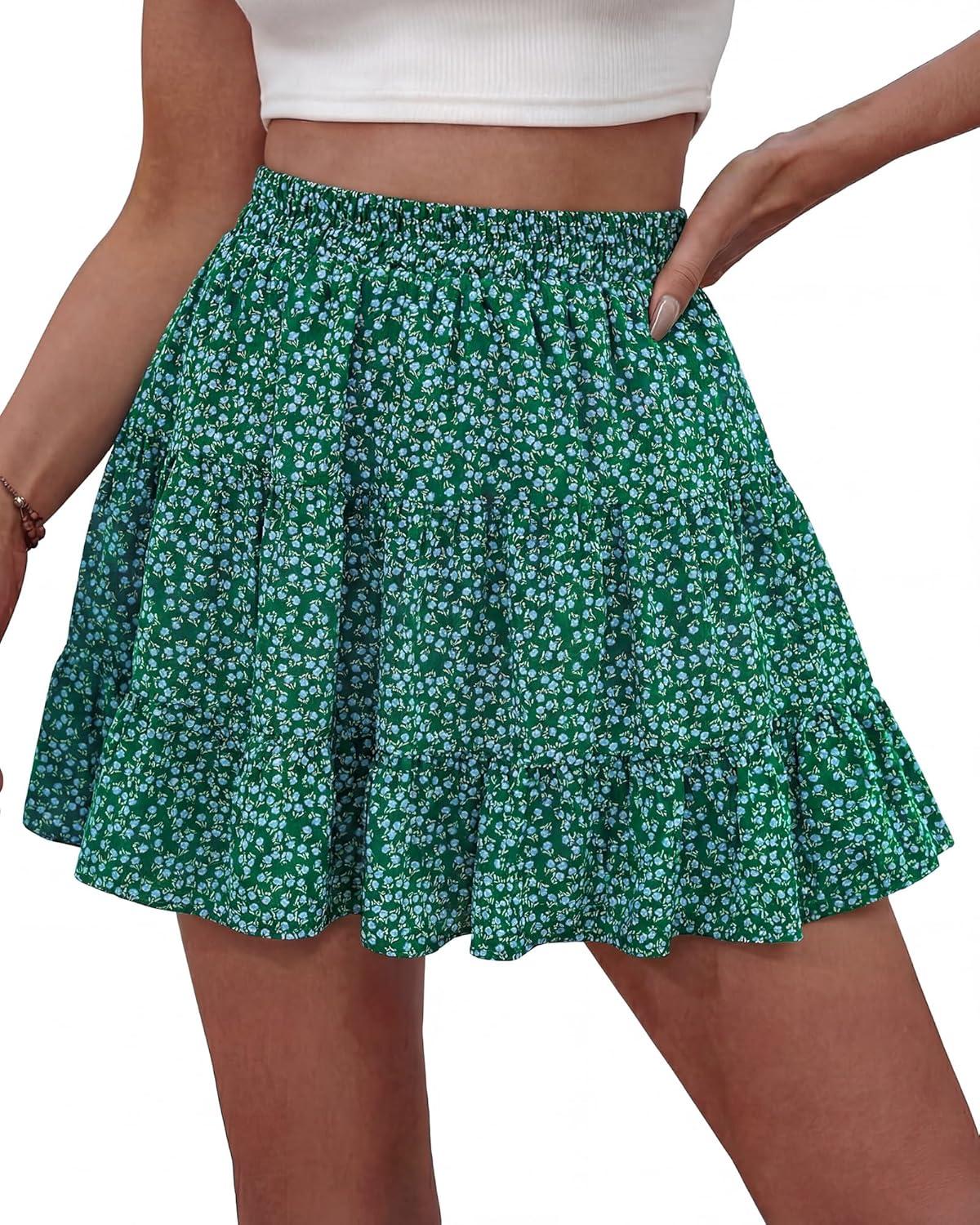 imageBTFBM Summer Skirts for Women 2026 Floral High Waist Shorts Underneath Boho Tiered Flowy Tennis Skorts Casual Mini SkirtFloral Green Blue