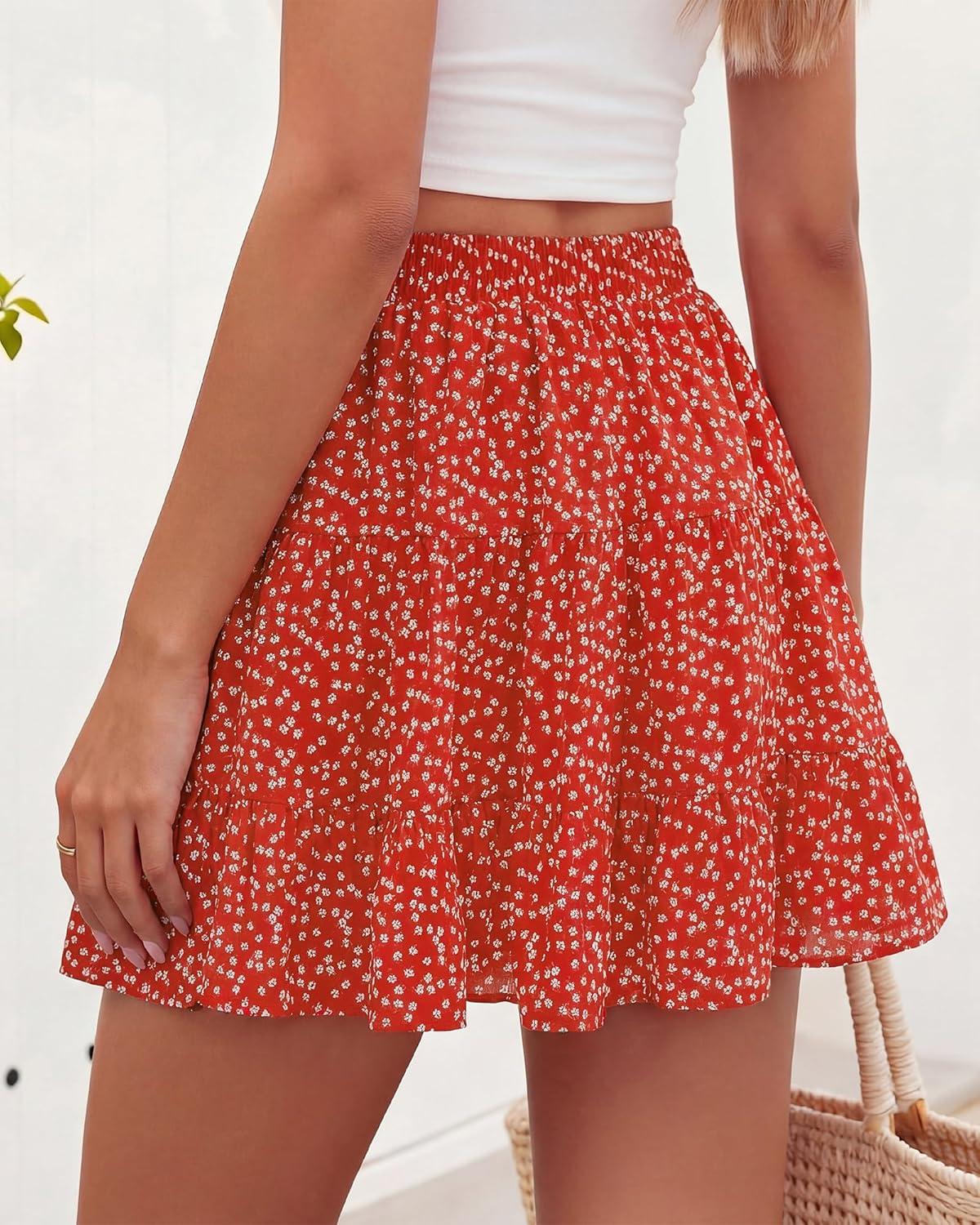 imageBTFBM Summer Skirts for Women 2026 Floral High Waist Shorts Underneath Boho Tiered Flowy Tennis Skorts Casual Mini SkirtFloral Red White