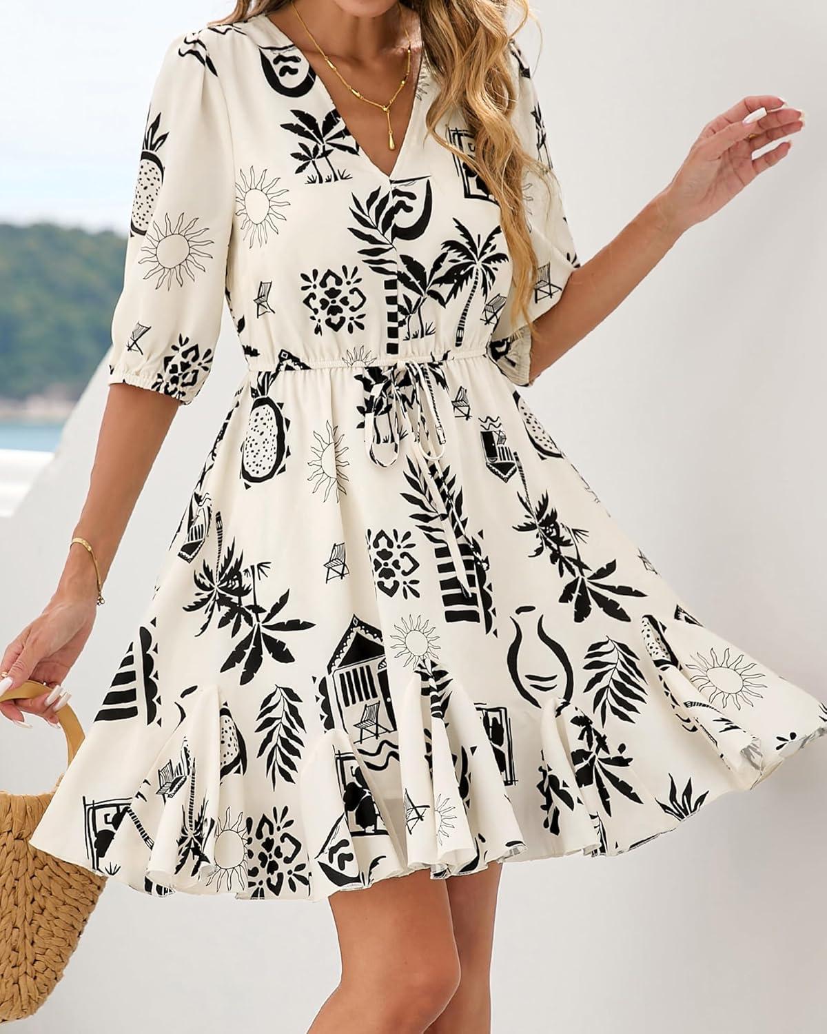 imageBTFBM Women Summer Spring Floral Boho Dress 2026 V Neck Short Sleeve Ruffle Beach Vacation Clothes Wedding Guest DressesFloral Apricot Black