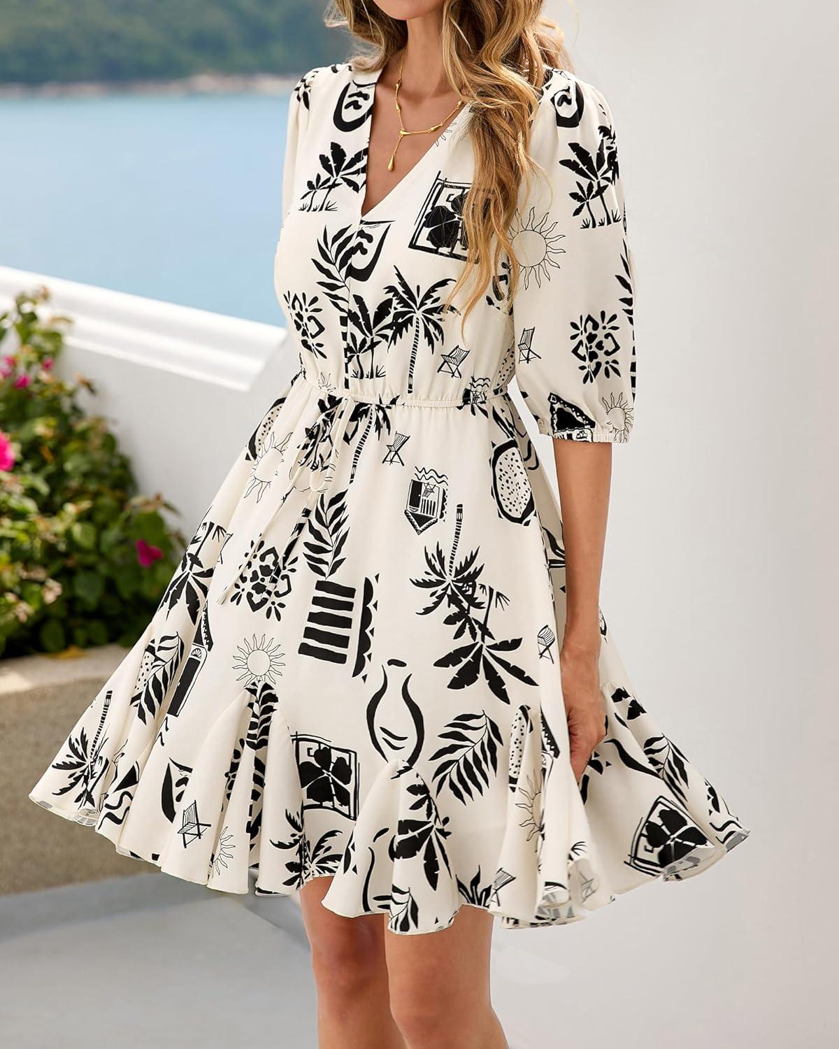 imageBTFBM Women Summer Spring Floral Boho Dress 2026 V Neck Short Sleeve Ruffle Beach Vacation Clothes Wedding Guest DressesFloral Apricot Black