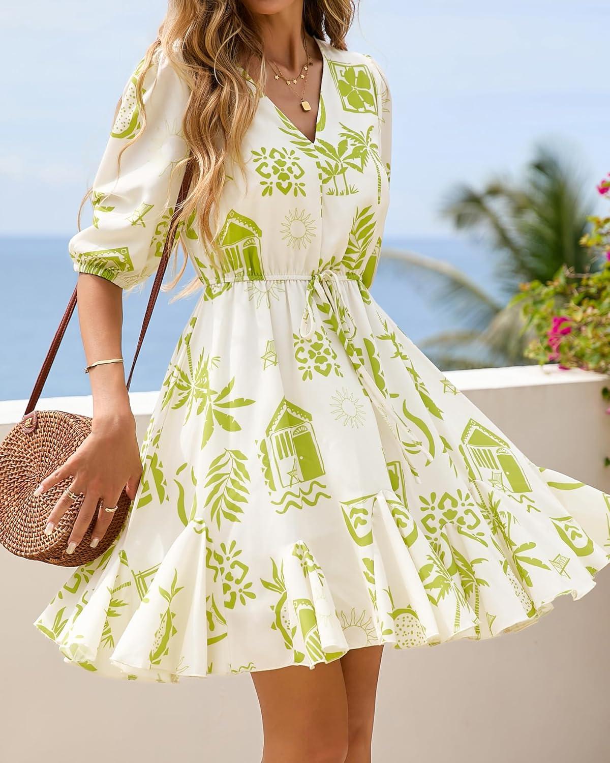 imageBTFBM Women Summer Spring Floral Boho Dress 2026 V Neck Short Sleeve Ruffle Beach Vacation Clothes Wedding Guest DressesFloral Apricot Green