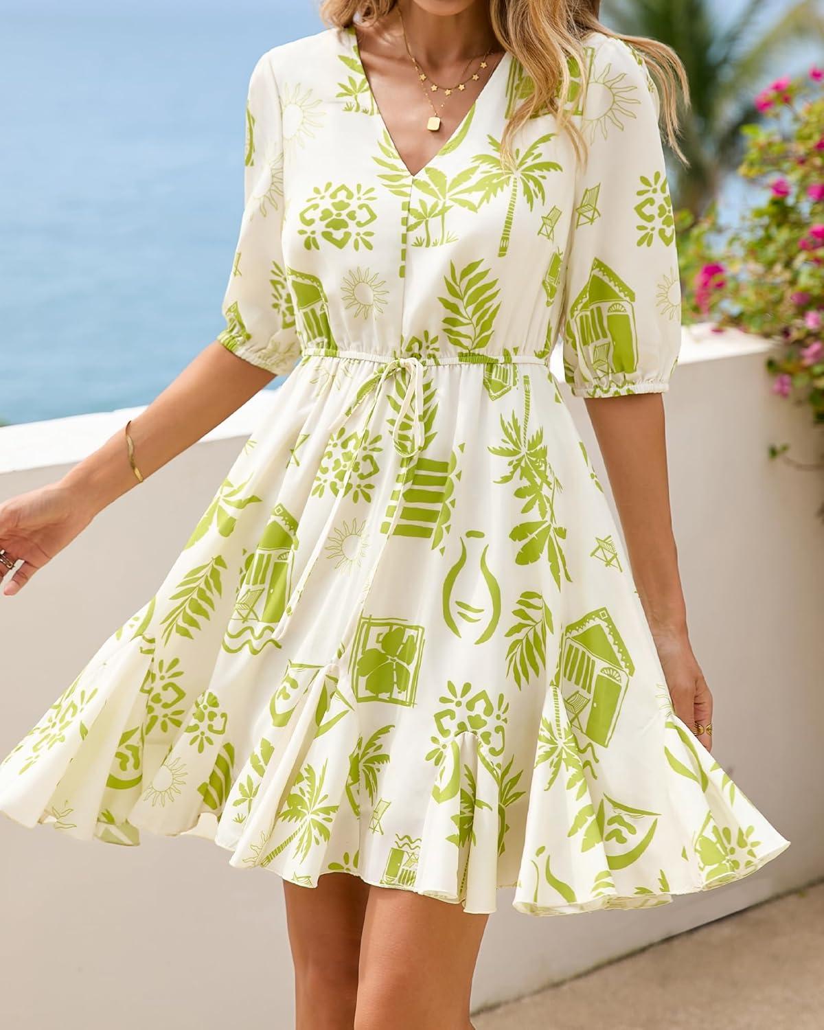imageBTFBM Women Summer Spring Floral Boho Dress 2026 V Neck Short Sleeve Ruffle Beach Vacation Clothes Wedding Guest DressesFloral Apricot Green