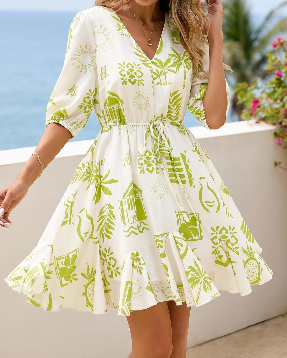 imageBTFBM Women Summer Spring Floral Boho Dress 2026 V Neck Short Sleeve Ruffle Beach Vacation Clothes Wedding Guest DressesFloral Apricot Green