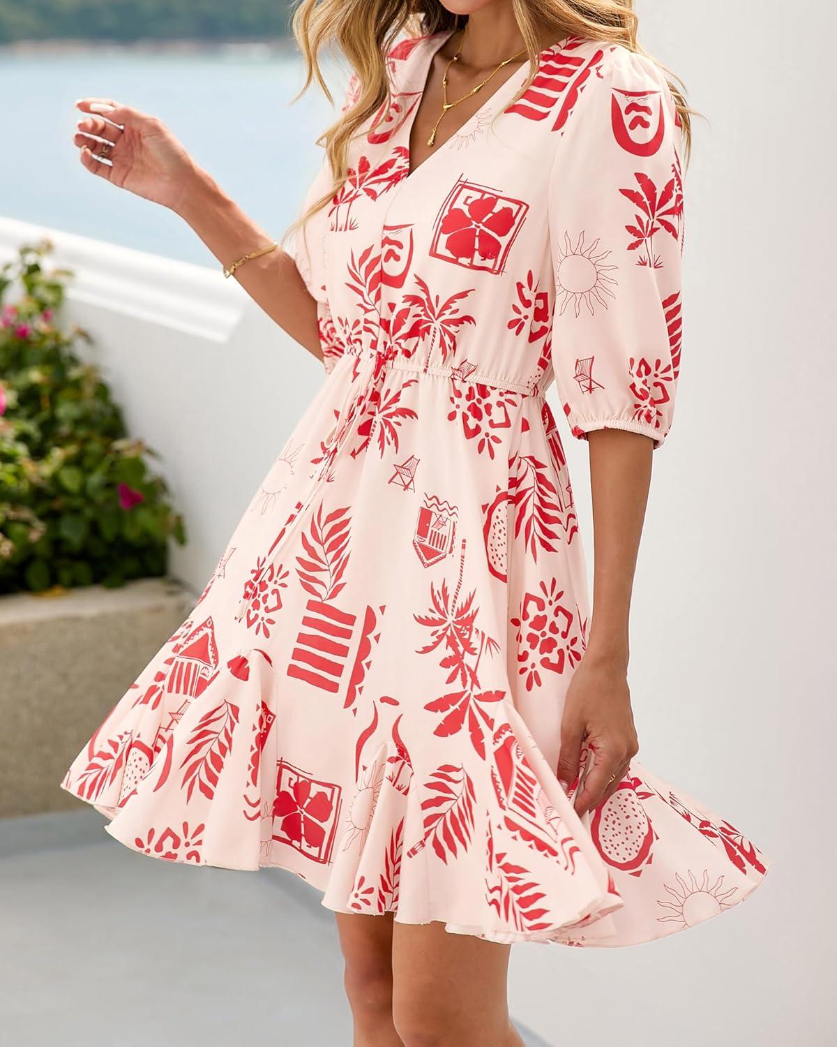 imageBTFBM Women Summer Spring Floral Boho Dress 2026 V Neck Short Sleeve Ruffle Beach Vacation Clothes Wedding Guest DressesFloral Apricot Red