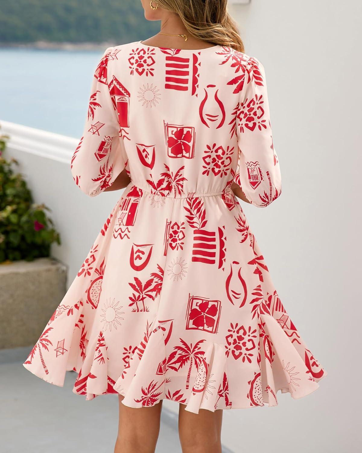 imageBTFBM Women Summer Spring Floral Boho Dress 2026 V Neck Short Sleeve Ruffle Beach Vacation Clothes Wedding Guest DressesFloral Apricot Red